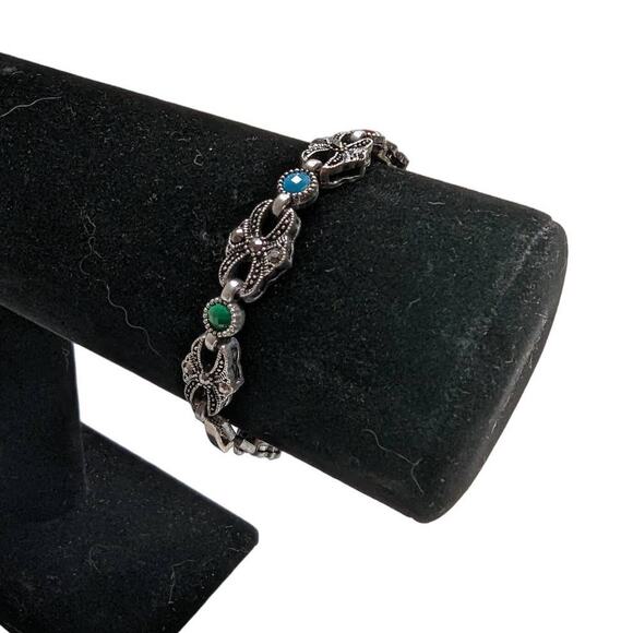 Vintage 1990s Y2K Silver Tone Clasp Necklace w/ Bead Inlay - Picture 1 of 4